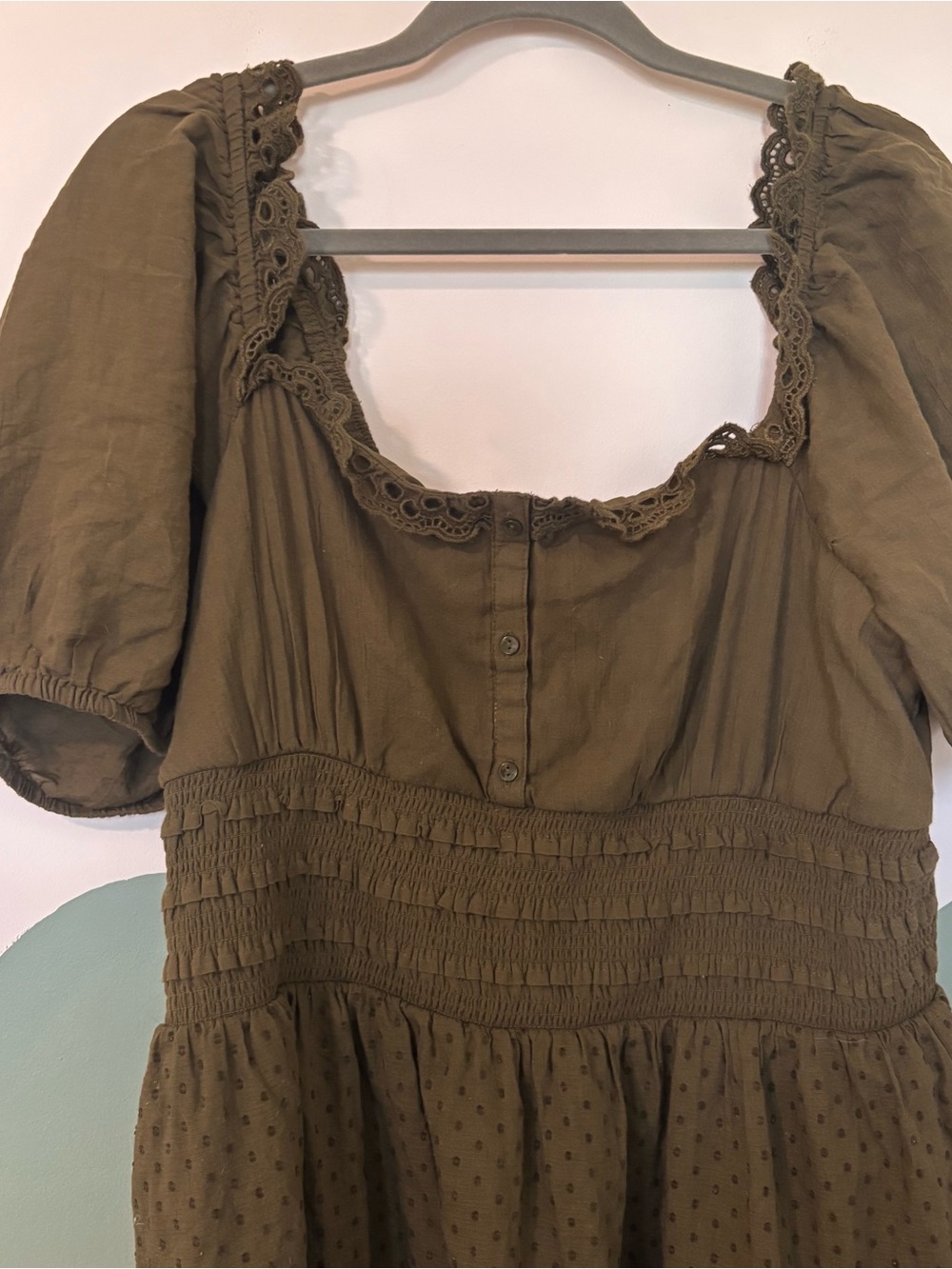 American Eagle Outfitters Olive Puff-Sleeve Tiered Mini Dress - Picture 3 of 6